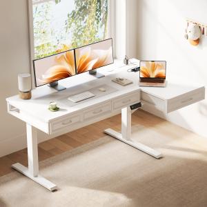 OffiGo 55 inch L-Shaped Electric Standing Desk with Wooden Drawers and Power Outlets