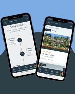 Two smartphones displaying The Hoffmann Group's new mobile real estate search portal, showing a Miami history timeline and a luxury property listing in Coral Gables.