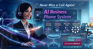 A futuristic digital marketing image for an AI Business Phone System from Myndy.ai, featuring a smiling professional woman with a headset working at a holographic console. The text headline reads 'Never Miss a Call Again! AI Business Phone System.' The im