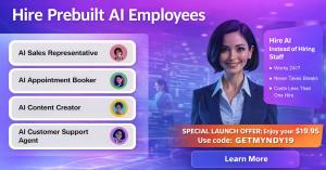 A futuristic digital marketing image for an AI Business Phone System from Myndy.ai, featuring a smiling professional woman with a headset working at a holographic console. The text headline reads 'Never Miss a Call Again! AI Business Phone System.' The im