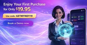 A futuristic digital marketing image for an AI Business Phone System from Myndy.ai, featuring a smiling professional woman with a headset working at a holographic console. The text headline reads 'Never Miss a Call Again! AI Business Phone System.' The im