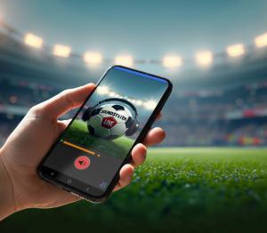 A hand holding an iPhone in front of a stadium background with bokeh blur effect.