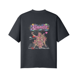 A example of a Kommerce Graphic Tshirt Designed by COCO with a redesigned version of the statue of liberty wearing a ski mask with a Kommerce printed on the shirt in a way to give depth to the overall design and text that reads I heart crazy and another t