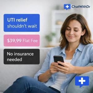 ChatWithDr.com online UTI treatment for $39.99 flat fee with text-based doctor consultation no insurance needed prescription sent to pharmacy same day