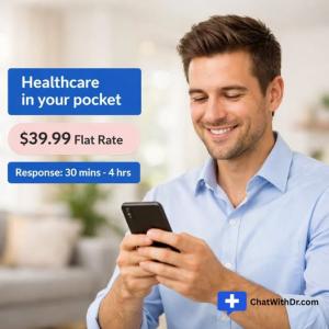 ChatWithDr.com mobile telehealth platform $39.99 flat rate doctor consultation with 30 minute to 4 hour response time healthcare in your pocket available all 50 states