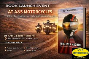 Invitation to the 'Mind Over Machine' book launch event at A&S Motorcycles in Roseville CA