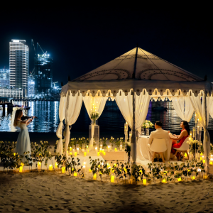 Proposal Dubai private beach luxury tent proposal setup Dubai UAE