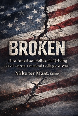 Book cover art of a broken American flag represents broken American politics and the existential threats it presents.