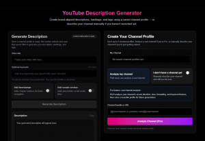 Screenshot of TitleGen app showing Channel DNA Analysis feature and YouTube video description generator producing niche-optimized output for a creator's channel.