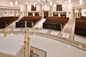 terrazzo in Franciscan University's Christ the King chapel designed to show the ritual movement and hierachy in the space