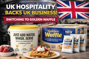 **Golden Waffle’s UK-made waffle and pancake mix range, including the original tub and new 13.5kg bag-in-box format, as more British hospitality businesses switch to UK supply.**