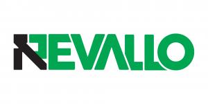 Revallo logo featuring the company name in bold green block letters with a stylized black and green arrow motif on the letter R.