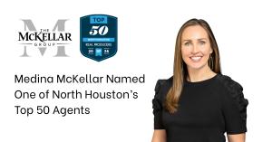 A photo of Medina McKellar on a white background with the McKellar Group logo and Top 50 North Houston Real Producers award.