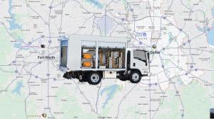 Map of Dallas-Ft Worth overlayed with a Real Fleet Solutions Tree Spraying truck