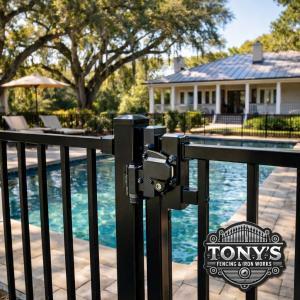 aluminum pool fence with self closing safety gate around backyard swimming pool in Louisiana complying with pool fence laws