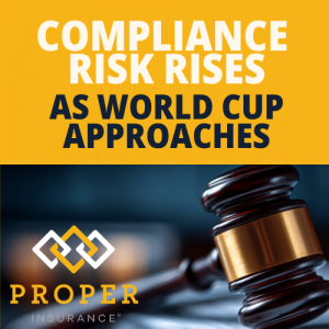 a gavel sits atop paperwork to signify short-term rental laws. text says "Compliance risk rises  as world cup approaches"