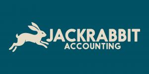 Jackrabbit Accounting logo with a leaping rabbit silhouette in cream alongside the company name in bold cream lettering on a dark teal background.