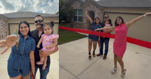 Military Family standing in front of their new construction home in San Antonio after successful home purchase