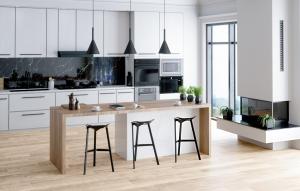 Modern kitchen remodel with custom cabinets, quartz countertops, and stainless steel appliances