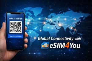 Smartphone con QR code per attivazione eSIM e mappa globale che rappresenta la connettività internazionale eSIM4You