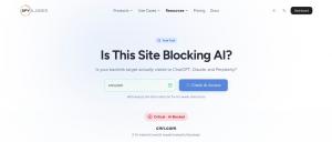 A screenshot of Spyglasses AI Access Checker showing the result for CNN, indicating several AI assistants and model trainers are blocked by policy.