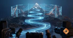 An abstract representation of media represented by microphones and cameras, being unable to access a goal, represented by a path up a mountain, by a blue wall representing AI policy.