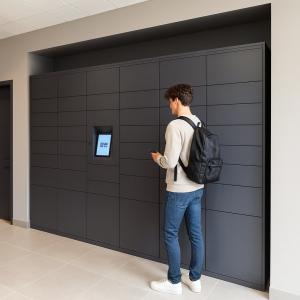 User accessing smart locker system for self service storage and package pickup