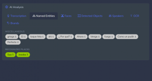 VSNext.AI dashboard: speaker-diarized transcription with timecoded segments, shown live on a Spanish-language cooking progra