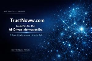 Banner showing TrustNoww.com launch announcement with AI network visualization and text about AI-driven information era, data governance, and emerging technology.