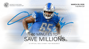 Tyrell Crosby in football gear behind the event title, 60 Minutes to Save Millions