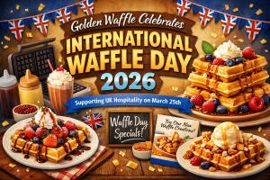 Promotional graphic for International Waffle Day 2026 showing Golden Waffle branding, festive UK bunting, waffle dishes, toppings and hospitality-themed celebration visuals.
