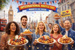 People celebrating International Waffle Day 2026 on the streets of London with waffles, Union Jack bunting, confetti, Big Ben and red London buses in the background.