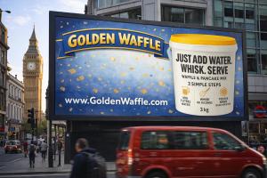 Realistic central London billboard advertising Golden Waffle with the website [www.GoldenWaffle.com](http://www.GoldenWaffle.com) and the brand’s white 3kg waffle and pancake mix bucket with yellow lid.