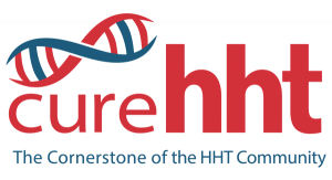 Cure HHT logo featuring a red and blue DNA helix