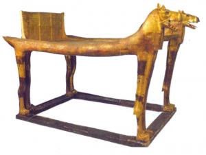 Ancient Egyptian sled bed with lion heads found inside gold-covered tooms