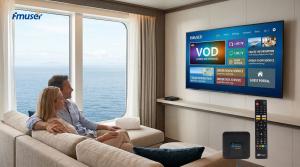 A couple in a cruise cabin views a wall-mounted TV displaying the FMUSER IPTV interface. The custom UI features 4K VOD, Live TV, and paperless room service ordering, with an FBE010 set-top box and remote control shown in the foreground.