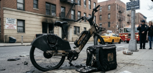 A severely charred delivery e-bike and delivery bag sitting on a city sidewalk after a lithium-ion battery fire. In the background is a brick apartment building with a sign questioning building owner liability, alongside a yellow NYC taxi and a fire truck