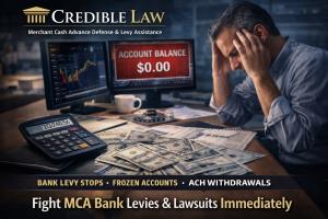 Business owner holding head with computer screen showing zero account balance after merchant cash advance withdrawals