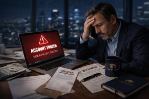 Clipboard with frozen bank account notice and levy amount next to gavel and cash representing legal and financial crisis