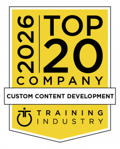 A badge issued by Training Industry designating TrainingPros as a Top 20 Company worldwide in custom content development