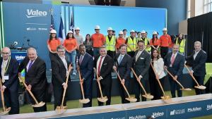 Investor representatives, McAllen city leadership, McAllen EDC officials, and CiL Capital President Joaquin Spamer break ground on Valeo’s new advanced manufacturing facility as the full McAllen City Commission stands behind them in support.