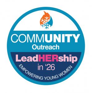 Bovio Rubino Service LeadHERship in '26 logo featuring ice, fire symbols. The logo says "empowering young women" and "community outreach"