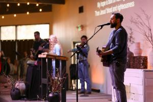 Worship Pastor Benjamin Skiles leads live worship music at Calvary Chapel The Rock church in Santa Rosa California