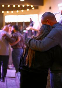 Congregation members connecting after a worship service at Calvary Chapel The Rock in Santa Rosa Sonoma County California