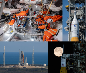 Inside the Orion spacecraft’s crew capsule, the Artemis II crew practices for their upcoming journey around the Moon (top left). The needle-shaped escape rocket with the crew capsule sits atop the Space Launch System (SLS).