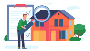 Man inspecting home with a magnifying glass and clipboard behind him