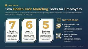Infographic from Business Insurance Health showing two new tools: Health Funding Cost Projector comparing 7 funding arrangements with confidence intervals, and Premium Renewal Stress Test providing 6-year scenario modeling across 5 strategies.