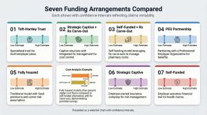 Chart listing seven funding arrangements compared by the Health Funding Cost Projector: Taft-Hartley Trust, Strategic Captive plus Rx Carve-Out, Self-Funded plus Rx Carve-Out, PEO Partnership, Fully Insured, Strategic Captive, and Self-Funded, each shown