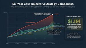 Line chart from the Premium Renewal Stress Test showing six-year cost trajectories for Fully Insured, Strategic Captive, Taft-Hartley, and PEO strategies, with the fully insured line diverging upward and an estimated $1.1M difference over six years compar
