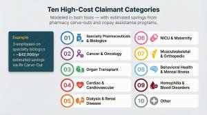 Chart showing ten high-cost claimant categories modeled by the tools: Specialty Pharmaceuticals, Cancer and Oncology, Organ Transplant, Cardiac and Cardiovascular, Dialysis and Renal, NICU and Maternity, Musculoskeletal, Behavioral Health, Hemophilia and